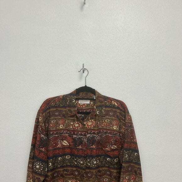 VtTG J. Maclnally’s Brown Colorful Fall Floral 100% Silk Blouse Shirt M Autumn - Picture 2 of 8